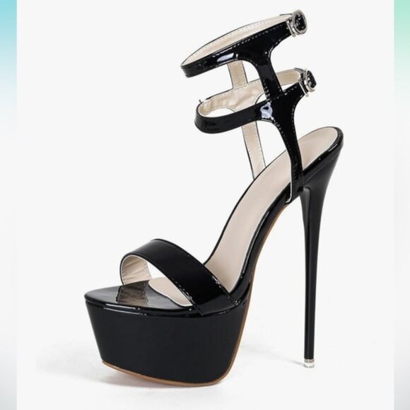 Black Patent Platform Stiletto Heels Strappy Sandals Size 8 New Without Box - Picture 12 of 12